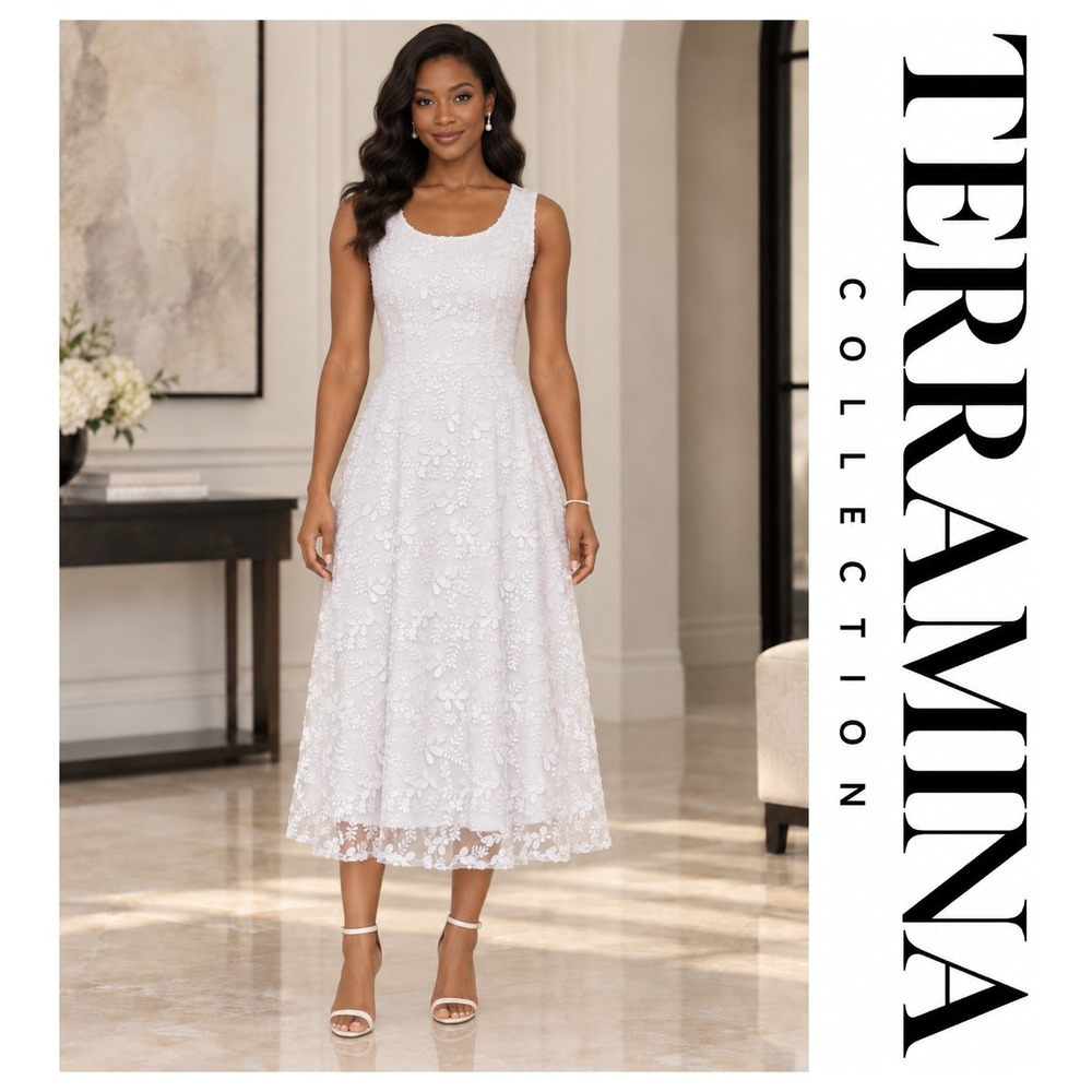 Terramina Collection White 3D Floral Sleeveless Formal Midi Dress Size 16